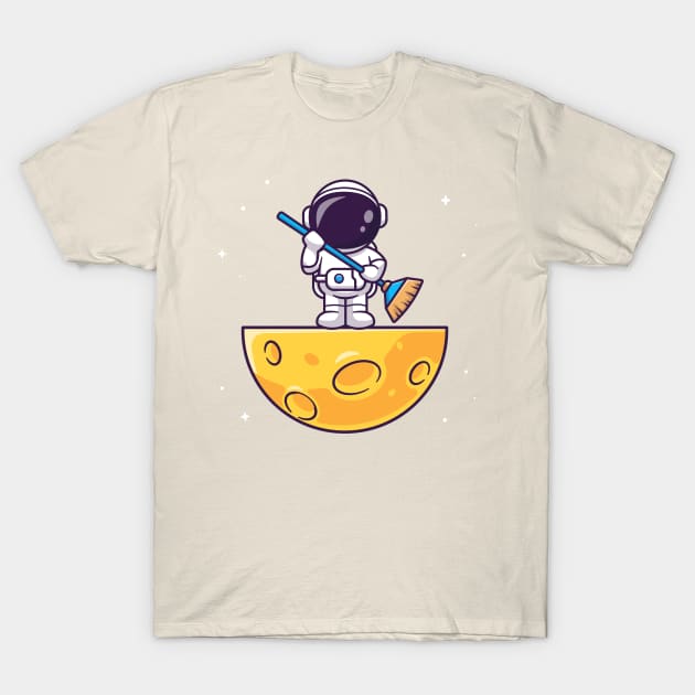 Cute Asronaut Holding Broom On Moon Cartoon T-Shirt by Catalyst Labs